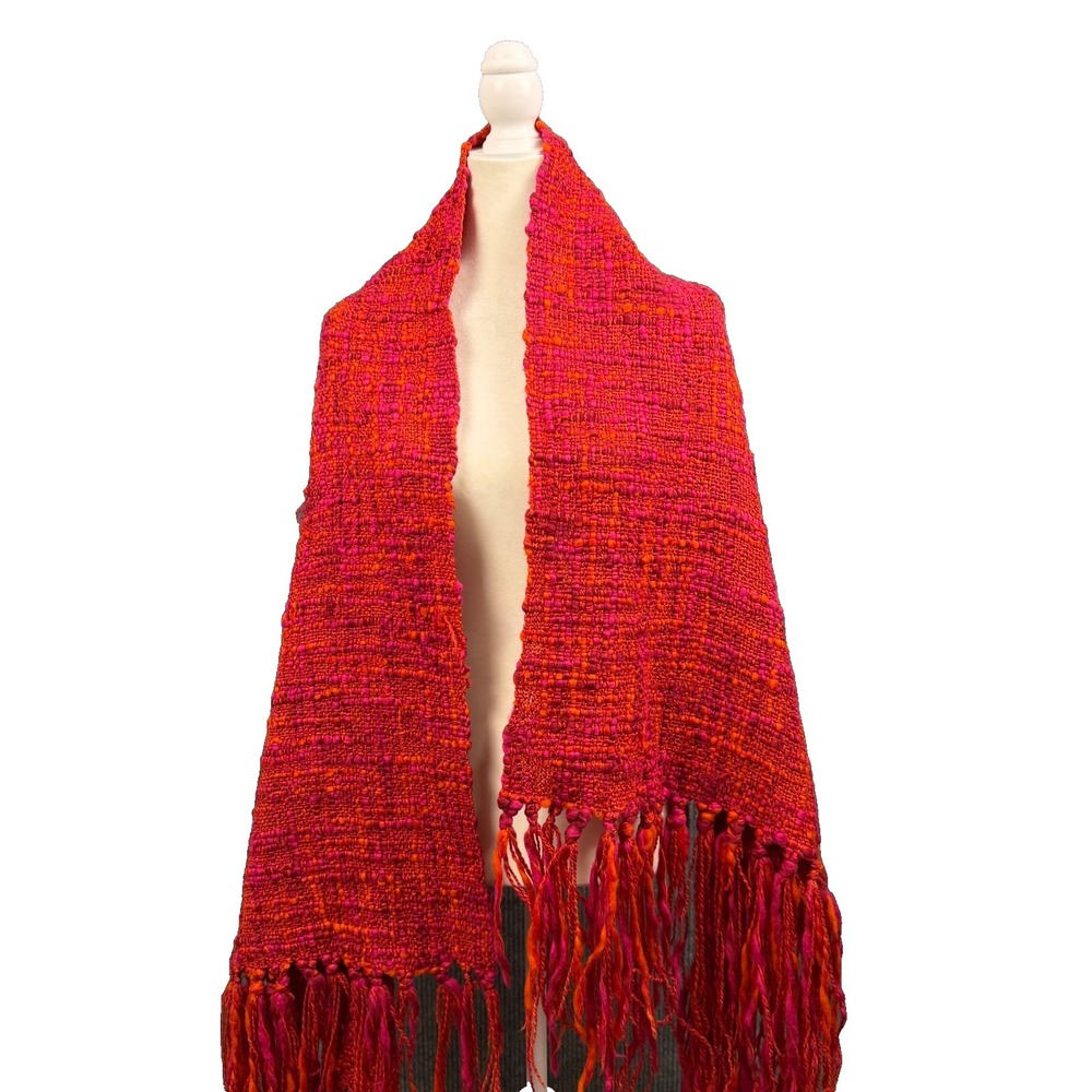 Handknit Chunky‎ Wool Wrap Shawl Scarf Fringe Pink Orange Colorful Artsy Boho